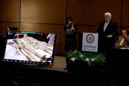 Photo for November 7, 2023, Mexico City, Mexico: The director of Tercer Milenio and journalist specialized in the UFO phenomenon, Jaime Maussan at the Second Mexican Public Hearing on Unidentified Anomalous Phenomena in the Chamber of Deputies in Mexico City. - Royalty Free Image