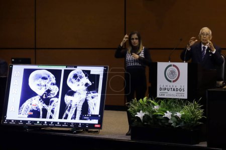 Photo for November 7, 2023, Mexico City, Mexico: Radiologist Daniel Mendoza during his intervention in the Second Mexican Public Hearing on Unidentified Anomalous Phenomena in the Chamber of Deputies in Mexico City. on November 7, 2023 in Mexico City, Mexico - Royalty Free Image