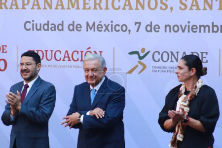 Photo for November 7, 2023 in Mexico City, Mexico. The president of Mexico, Andrs Manuel Lopez Obrador accompanied by Ana Gabriela Guevara, Director of the National Commission of Physical Culture and Sports (CONADE) and Mart Batres, Head of Government - Royalty Free Image