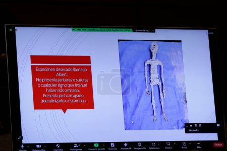 Photo for November 7, 2023, Mexico City, Mexico: Images of non-human bodies investigated by specialists in the UFO phenomenon shown at the Second Mexican Public Hearing on Unidentified Anomalous Phenomena in the Chamber of Deputies in Mexico City - Royalty Free Image