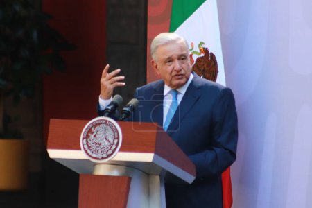 Photo for November 7, 2023 in Mexico City, Mexico. The president of Mexico, Andres Manuel Lopez Obrador speaks  during the ceremony of the flag-waving of the Mexican team that will compete in the Parapan American Games in Santiago de Chile 2023 - Royalty Free Image
