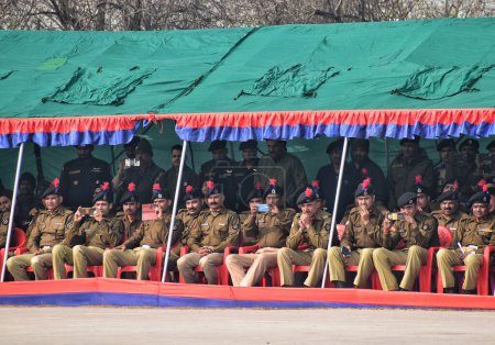 Photo for November 09,2023, Srinagar Kashmir, India : Soldiers of Indian Border security force (BSF) watch a passing out parade in Humhama, on the outskirts of Srinagar - Royalty Free Image