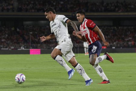 Photo for November 11, 2023, Mexico City, Mexico: Gabriel Fernndez of Pumas (L) and Ral Martnez of Chivas fight the ball during the match of Pumas vs Chivas de Guadalajara of the 2023 Apertura Tournament of the MX League - Royalty Free Image