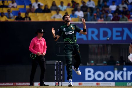 Photo for November 11, Kolkata, India: Shaheen Shah Afridi of Pakistan  in action during the 2023 ICC Men's Cricket World Cup match between England and Pakistan at the Eden Gardens Stadium - Royalty Free Image