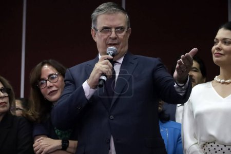 Photo for November 13, 2023, Mexico City, Mexico: The former Foreign Minister of Mexico, Marcelo Ebrard Casaubon accompanied by his wife, Rosa Linda Bueso announces that he will remain in the National Regeneration Movement party - Royalty Free Image