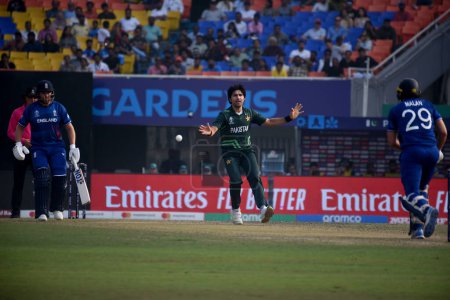 Photo for November 11, Kolkata, India: Mohammad Wasim of Pakistan attemps to field the ball during the 2023 ICC Men's Cricket World Cup match between England and Pakistan at the Eden Gardens Stadium - Royalty Free Image