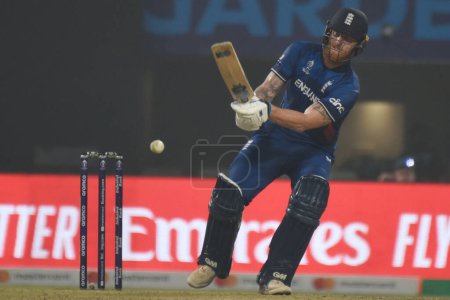 Photo for November 11, Kolkata, India: Ben Stokes of England  plays a shot during the 2023 ICC Men's Cricket World Cup match between England and Pakistan at the Eden Gardens Stadium - Royalty Free Image