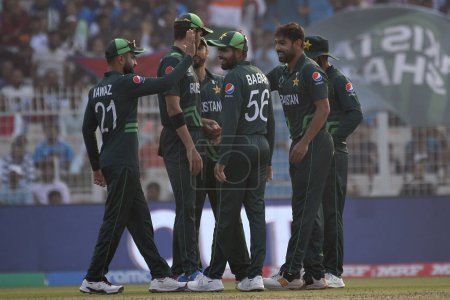 Photo for November 11, Kolkata, India: Haris Rauf  of Pakistan celebrates after taking the wicket of England's Jonny Bairstow during the 2023 ICC Men's Cricket World Cup match between England and Pakistan at the Eden Gardens Stadium - Royalty Free Image
