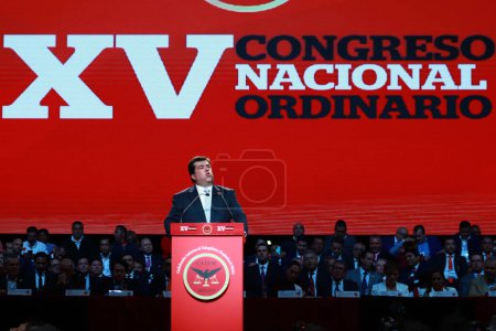 Photo for November 15, 2023 in Mexico City, Mexico: Senator  Pedro Haces, speaks during  the XV Congress of the Autonomous Confederation of Workers and Employees of Mexico (CATEM), at the Mexico City Arena - Royalty Free Image