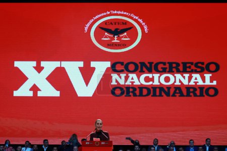 Photo for November 15, 2023 in Mexico City, Mexico: The Transformation Defense Coordinator, Claudia Sheinbaum Pardo, speaks during  the XV Congress of the Autonomous Confederation of Workers and Employees of Mexico (CATEM) - Royalty Free Image