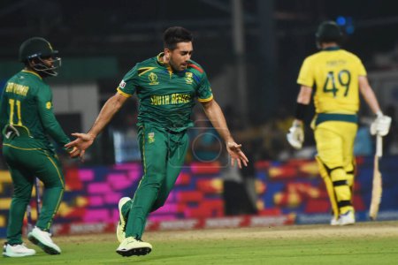 Photo for Tabraiz Shamsi of South Africa celebrates after bowling Glenn Maxwell of Australia (not pictured) during the ICC Men's Cricket World Cup India 2023 Semi Final match between South Africa and Australia at Eden Gardens - Royalty Free Image