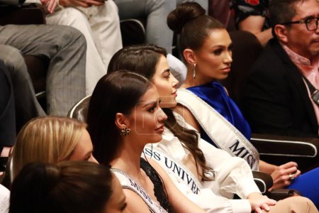 Téléchargez les photos : 20 novembre 2023 à Mexico, Mexique : Finalistes du concours de beauté Miss Univers 2023 lors d'une conférence de presse pour annoncer le nouveau comité Miss Univers Mexique, au 51ème étage de la Grande Tour - en image libre de droit