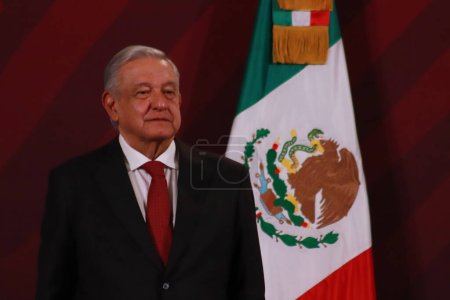 Photo for November 22, 2023 in Mexico City, Mexico: Mexican President Andrs Manuel Lpez Obrador gesticulates during his speech  at the daily morning conference in front of reporters at the national palace - Royalty Free Image