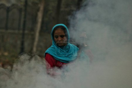 Téléchargez les photos : 27 novembre 2023, Srinagar Cachemire, Inde : Une femme du Cachemire brûle des feuilles sèches de chinar à Srinagar. Kashmiris ces jours-ci recueillir des feuilles séchées tombées des arbres afin de les brûler pour produire du charbon de bois à utiliser comme combustibles - en image libre de droit