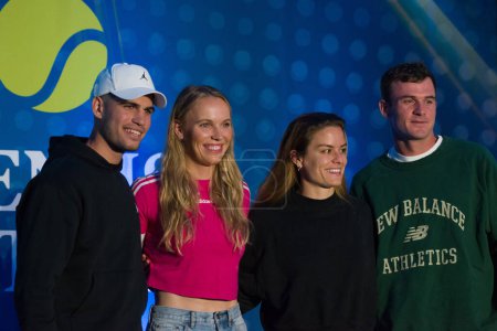 Photo for November 28, 2023, Mexico City, Mexico: Maria Sakkari of Greece, Caroline Wozniacki of Denmark, Carlos Alcaraz of Spain, Tommy Paul of USA  speak to the media during a press conference prior to the Tennisfest GNP 2023 at Hayat Regency Hotel - Royalty Free Image