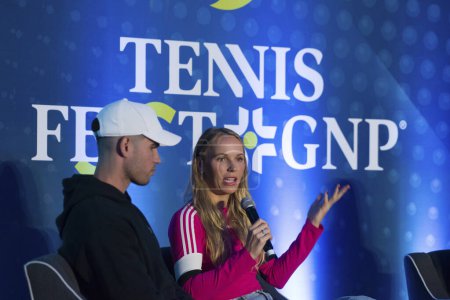 Photo for November 28, 2023, Mexico City, Mexico: Carlos Alcaraz of Spain and Caroline Wozniacki of Denmark speak to the media during a press conference prior to the Tennisfest GNP 2023 at Hayat Regency Hotel - Royalty Free Image