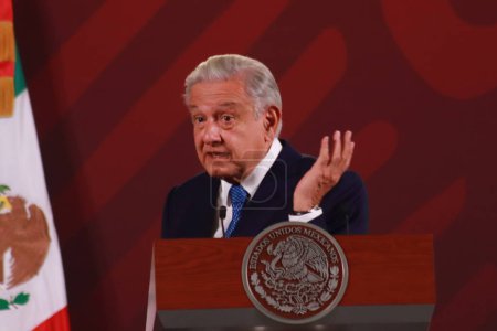 Photo for November 29, 2023 in Mexico City, Mexico: Mexican President Andrs Manuel Lpez Obrador speaks at the morning conference in front of reporters at the national palace - Royalty Free Image