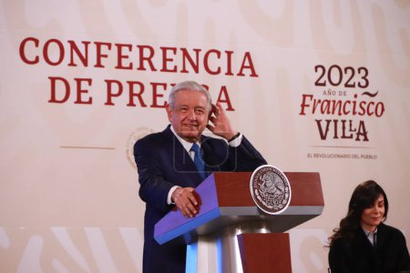 Photo for November 29, 2023 in Mexico City, Mexico: Mexican President Andrs Manuel Lpez Obrador speaks at the morning conference in front of reporters at the national palace - Royalty Free Image