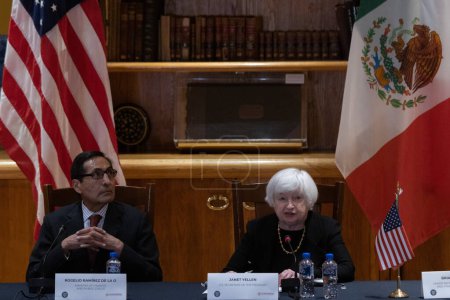 Photo for December 6, 2023. Mexico City, Mexico. This afternoon the Mexican Secretary of Finance, Rogelio Ramrez de la O, and the U.S. Secretary of the Treasury, Janet Yellen - Royalty Free Image