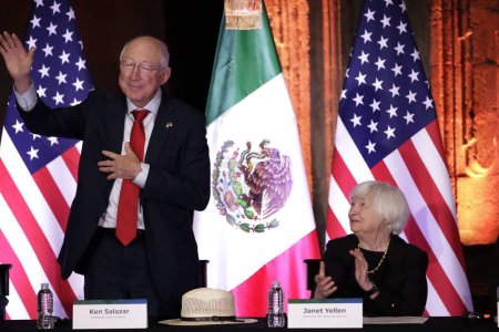 Photo for December 6, 2023, Mexico City, Mexico: United States Secretary of the Treasury, Janet Yellen with the US Ambassador, Ken Salazar during the presentation of the 200 commemorative coin years of Diplomatic Relations Mexico - Royalty Free Image