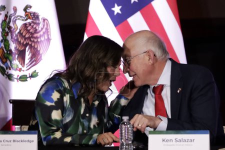 Photo for December 6, 2023, Mexico City, Mexico: The US ambassador to Mexico, Ken Salazar; Senator of Mexico, Gina Cruz Blackledge during the presentation of the commemorative coin of 200 years of Diplomatic Relations Mexico - Royalty Free Image