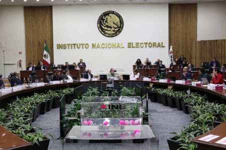 Photo for December 7, 2023, Mexico City, Mexico: The Electoral Councilors of the National Electoral Institute (INE), participate during the Extraordinary Session of the General Council in which a draw was held in which it was determined that the citizens - Royalty Free Image