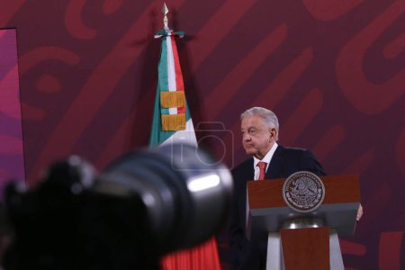 Photo for December 7, 2023. Mexico City, Mexico. Mexican President, Andres Manuel Lopez Obrador gesticulates during his speech during his daily morning briefing conference at the National Palace - Royalty Free Image