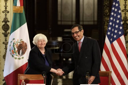 Photo for December 7, 2023, Mexico City, Mexico: United States Secretary of the Treasury, Janet Yellen and Secretary of the Treasury and Public Credit, Rogelio Ramirez de la O at a joint press conference at the National Palace in Mexico City - Royalty Free Image