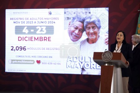 Photo for December 8, 2023, Mexico City, Mexico: Secretary of Welfare, Ariadna Montiel at the press conference at the National Palace in Mexico City - Royalty Free Image