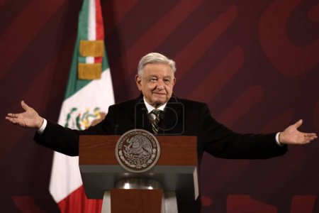 Foto de 8 de diciembre de 2023, Ciudad de México, México: El presidente de México, Andrés Manuel López Obrador, en la conferencia de prensa en el Palacio Nacional de la Ciudad de México - Imagen libre de derechos