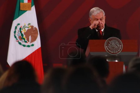 Photo for December 13, 2023 in Mexico City, Mexico: Mexican President, Andres Manuel Lopez Obrador speaks during the briefing conference in front of media at the National Palace - Royalty Free Image