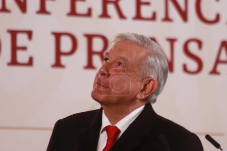 Photo for December 13, 2023 in Mexico City, Mexico: Mexican President, Andres Manuel Lopez Obrador speaks during the briefing conference in front of media at the National Palace - Royalty Free Image