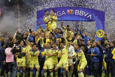 Photo for December 17, 2023, Mexico City, Mexico: Players  of Club America team celebrate the victory by beating Tigres of UANL after  the second leg between America and Tigres of the Mexican football championship final - Royalty Free Image