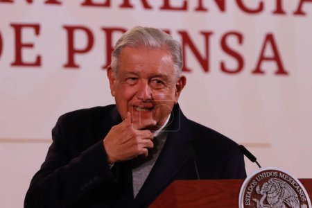 Photo for December 19, 2023 in Mexico City, Mexico: Mexican President, Andres Manuel Lopez Obrador, speaks during his daily morning briefing conference in front of media at the National Palace - Royalty Free Image