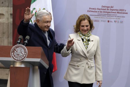 Photo for December 19, 2023, Mexico City, Mexico: The president of Mexico, Andres Manuel Lopez Obrador accompanied by his wife, Beatriz Gutierrez at the 2023 National Sports Award ceremony, at the National Palace in Mexico City - Royalty Free Image