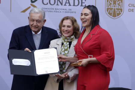 Photo for December 19, 2023, Mexico City, Mexico: The President of Mexico, Andres Manuel Lopez Obrador, presented the 2023 National Sports Award to archery athlete, Alejandra Valencia, at the National Palace in Mexico City - Royalty Free Image