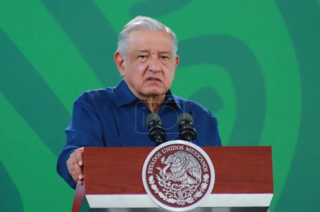 Photo for December 20, 2023, Acapulco, Mexico: The president of Mexico, Andres Manuel Lopez Obrador gesticulates while speaks during  the briefing conference - Royalty Free Image