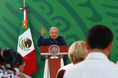Photo for December 20, 2023, Acapulco, Mexico: The president of Mexico, Andres Manuel Lopez Obrador gesticulates while speaks during  the briefing conference - Royalty Free Image