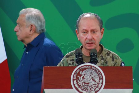 Photo for December 20, 2023, Acapulco, Mexico: Rafael Ojeda, Secretary of the Navy speaks during the Mexican President Lopez Obrador briefing conference - Royalty Free Image