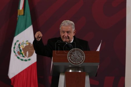 Photo for December 21, 2023, Mexico City, Mexico: Mexicos President, Andres Manuel Lopez Obrador, gesticulates while speak during the daily briefing conference at National Palace - Royalty Free Image