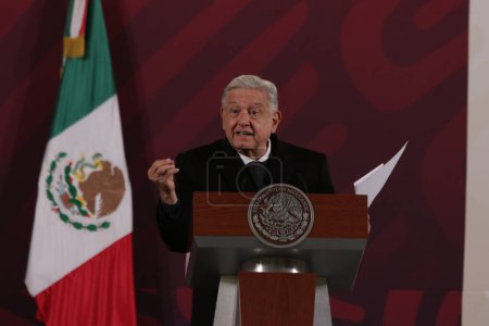 Photo for December 21, 2023, Mexico City, Mexico: Mexicos President, Andres Manuel Lopez Obrador, gesticulates while speak during the daily briefing conference at National Palace - Royalty Free Image