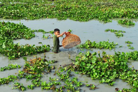 Foto de 15 enero 2024 - Bangladesh: Niños pescando con trampa de bambú en el Beel. Mientras que la gente rural armada con trampas de bambú y red de pesca hecha a mano para tomar parte en la celebración en un festival de pesca de polo bawa 100 años de invierno - Imagen libre de derechos
