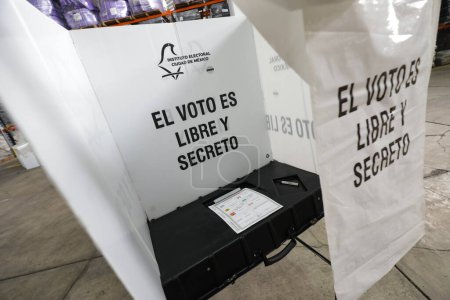 Photo for April 11, 2024, Mexico City, Mexico: Electoral ballot boxes that will be used in the next elections, seen during the Presentation of the electoral materials for the election day of June 2, 2024,  for voting for Head of Government of Mexico, deputies - Royalty Free Image