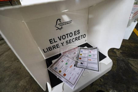 Photo for April 11, 2024, Mexico City, Mexico: Electoral ballot boxes that will be used in the next elections, seen during the Presentation of the electoral materials for the election day of June 2, 2024,  for voting for Head of Government of Mexico, deputies - Royalty Free Image