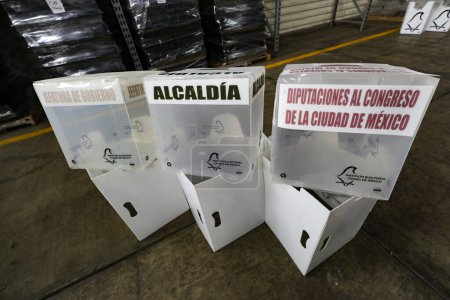 Photo for April 11, 2024, Mexico City, Mexico: Electoral ballot boxes that will be used in the next elections, seen during the Presentation of the electoral materials for the election day of June 2, 2024 - Royalty Free Image