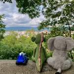 Toys look at the panorama of the city Teplice Ustecky region from park Letna. High-quality photo. Elephant, Dinosaurus and a blue police car.