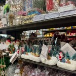 Close-up of Christmas market walls in the store. Christmas decorations at a Christmas market. Merry christmas, cute festive decoration, beautiful toys for new year. High quality photo