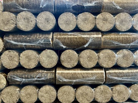 Foto de Briquetas de madera para calefacción, envasadas en película de plástico. Foto de alta calidad - Imagen libre de derechos