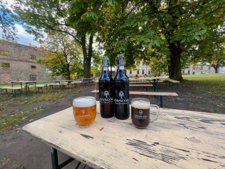 Téléchargez les photos : Verres de bière claire et foncée Osegg et une bouteille spéciale sur une table extérieure. Osek city. Photo de haute qualité - en image libre de droit