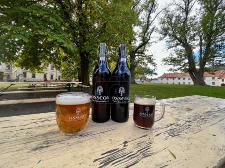 Téléchargez les photos : Verres de bière claire et foncée Osegg et une bouteille spéciale sur une table extérieure. Osek city. Photo de haute qualité - en image libre de droit